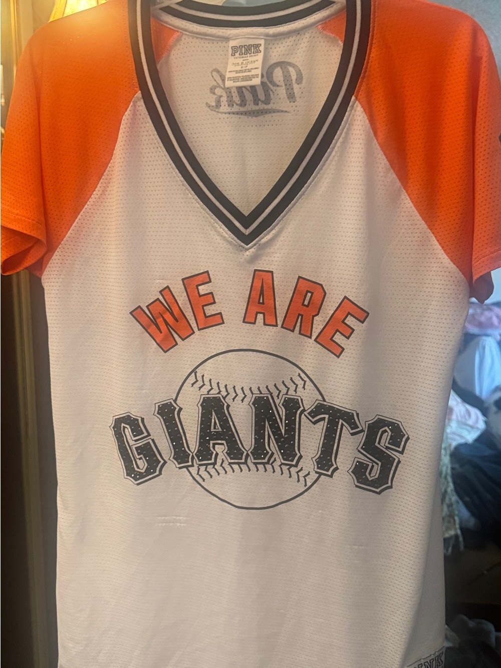 PINK Victoria's Secret White & Orange 'We Are Giants' Baseball Tee